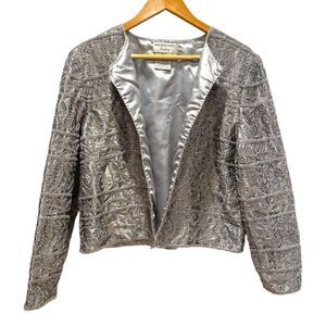 Adrianna Papell Metallic Silver Beaded Evening Long Sleeve Jacket Womens L